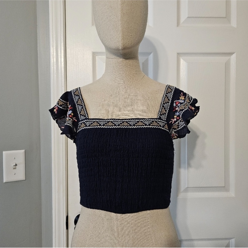 Mi ami navy embroidered smocked crop Blouse